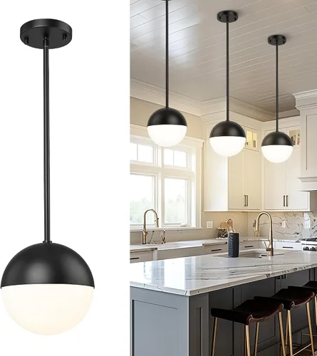LMS Luces colgantes negras de 8 pulgadas para isla de cocina, lámpara colgante moderna de globo con vidrio esmerilado, lámpara colgante Negro