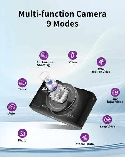 Miniatura 6 de Cámara digital 5K para fotografía con WiFi, cámara de vlogging Ultra HD de 75MP para YouTube con pantalla abatible de 180° de 3 pulgadas, cámaras