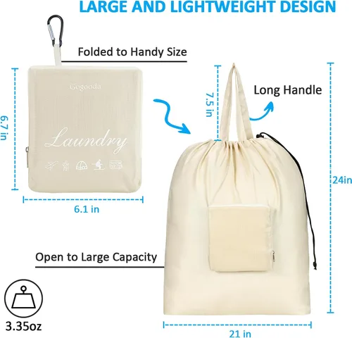 Miniatura 4 de GOGOODA Bolsas de lavandería de viaje con cierre de cordón XL grandes plegables, bolsas para ropa sucia con asa, resistentes y lavables para Beige