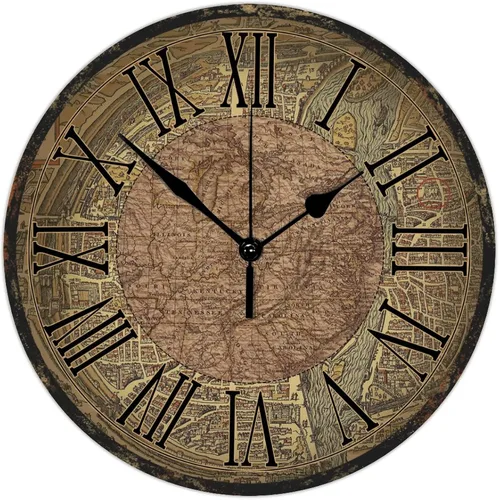 Miniatura 9 de Reloj de pared de madera de 15 pulgadas, ligero, ligero, estilo vintage, mapa del viejo mundo, reloj de madera redondo, estilo antiguo