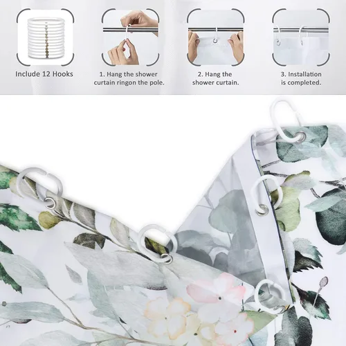 Miniatura 6 de Cortina de ducha de eucalipto, hojas verdes de acuarela en la parte superior con cortina de baño floral, decoración de baño para bañera, tela Hoja
