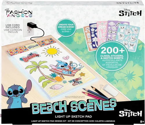 Miniatura 6 de Fashion Angels Disney Stitch Beach Scenes - Bloc de dibujo iluminado, kit de diseño con almohadilla de rastreo iluminada, 5 adhesivos de vinilo