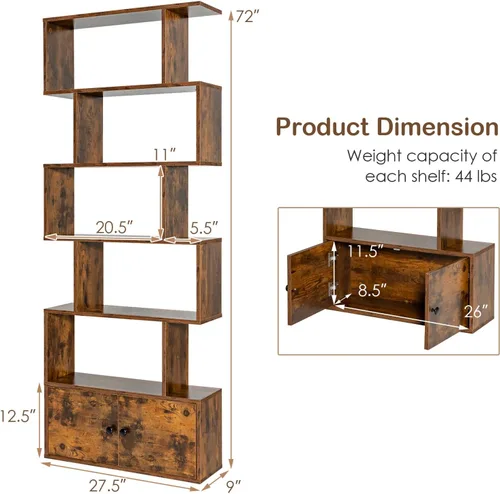 Miniatura 3 de Tangkula Estantería en forma de S con gabinete, estantería de 6 niveles con puertas, estanterías geométricas independientes para sala de estar