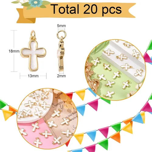 Miniatura 3 de LiQunSweet 20 dijes chapados en oro con cruz esmaltada blanca para hacer joyas Colgantes blancos de cruz