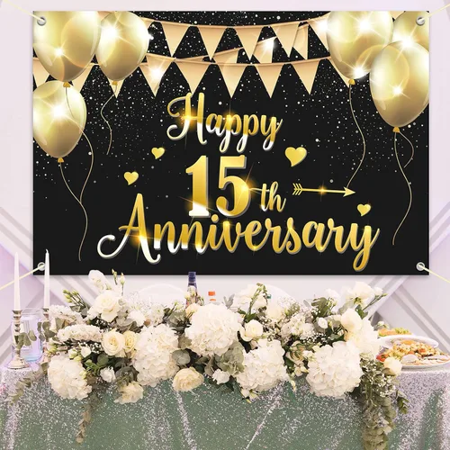 Miniatura 5 de HAMIGAR Fondo de pancarta de feliz 15 aniversario de 6 x 4 pies, 15 decoraciones de aniversario de boda, suministros para fiestas, color negro