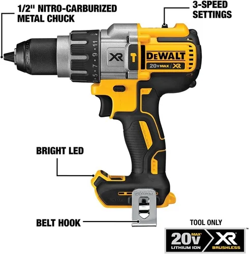 Miniatura 2 de DEWALT Taladro de martillo inalámbrico MAX XR de 20 V, sin escobillas, resistente de 1/2 pulgada, 3 velocidades, solo herramienta (DCD996B)
