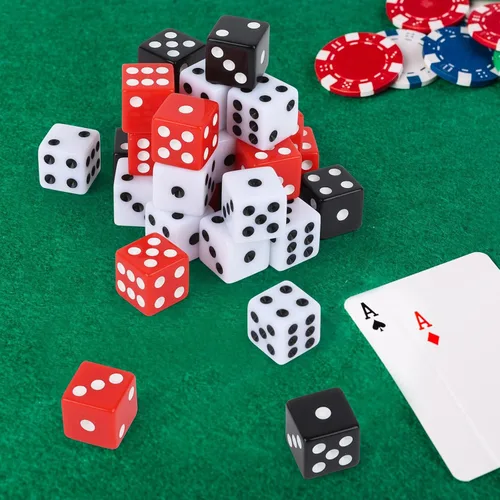 Miniatura 5 de Juego de 50 dados estándar de 0.63 pulgadas con acrílico negro, blanco, rojo, 6 caras, a granel, dados de casino para fiestas temáticas de casino