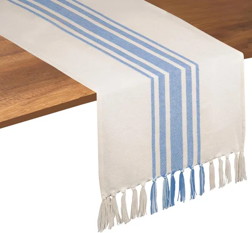 Miniatura 10 de Native Fab Camino de mesa a rayas grises – Mantel bohemio de 72 pulgadas de largo con borlas – 100% algodón, tejido apretado, mantel antideslizante