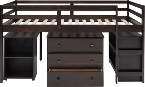 Miniatura 4 de Base de cama baja de madera con escritorio portátil rodante, cama alta individual con armario abierto y cajones, cama baja con estante para niños