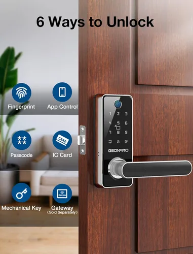 Miniatura 2 de GEONFINO Cerradura de puerta inteligente, cerradura de entrada sin llave plateada con asa, cerradura de puerta delantera con teclado, cerradura