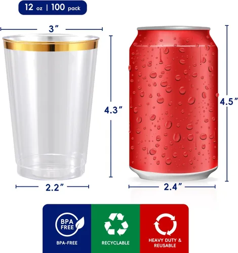 Miniatura 2 de JOLLY CHEF Paquete de 100 vasos de plástico dorados de 12 onzas, elegantes vasos desechables con borde dorado, perfectos para el día de Acción