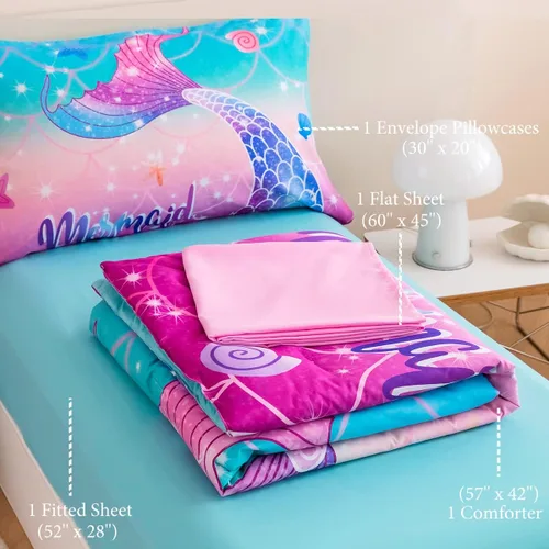 Miniatura 6 de ZRNBAST Juego de ropa de cama para niñas pequeñas de 4 piezas con cola de sirena, color rosa, turquesa, degradado, arco iris, colorido, ropa de cama