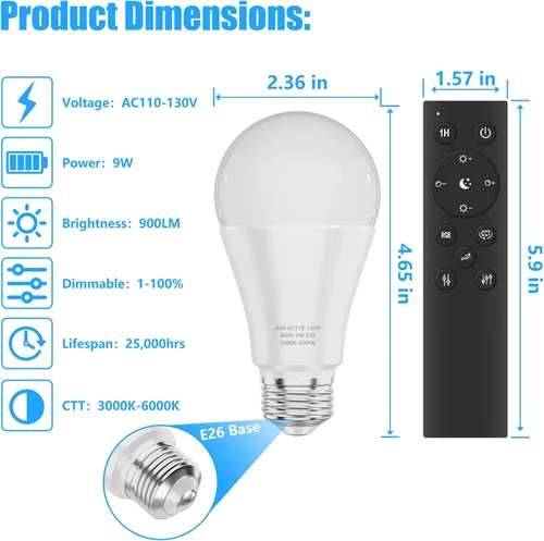 Miniatura 3 de Bombillas LED A19 con control remoto, bombillas de 800 lm 9 W (equivalente a 60 W), regulables continuas 3000K-6000K, base E26, CRI 80+, 2.4 GHz
