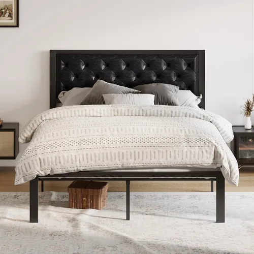 Miniatura 9 de Allewie Base de cama individual con cabecera tapizada de piel sintética, diseño elegante con costuras de diamante, no necesita somier, color negro