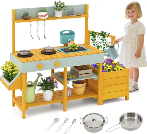 Miniatura 10 de Costzon Cocina de barro, banco de madera para macetas para niños con grifo extraíble, fregadero, estufas, pomos de rotación, cajas para macetas
