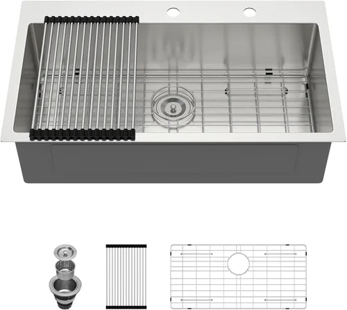 Miniatura 18 de Lordear - Fregadero de barra – Fregadero de barra dorado de 13 x 15 pulgadas con grifo dispensador de jabón, estación de trabajo, calibre 16 T304