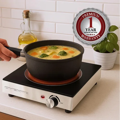 Miniatura 7 de OVENTE Quemador Individual de Cerámica Infrarroja, Placa Caliente Eléctrica de Encimera de 1200W con Vidrio Cristalino Negro, Superficie de Cocción