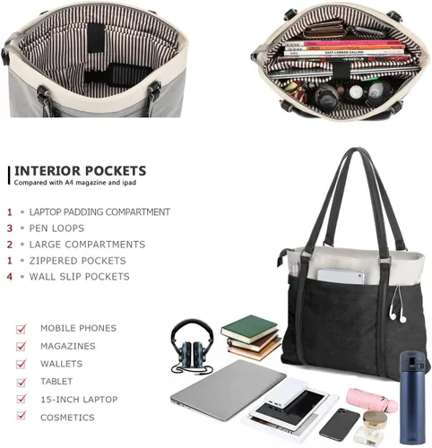 Miniatura 4 de Laptop Tote Bag for Women, 15.6 Inch Work Bag with Laptop Compartment and Zipper, Canvas Computer Tote for Teacher