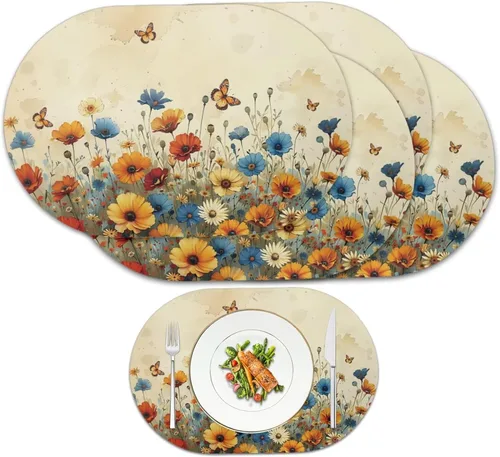Miniatura 8 de Blue Flower Dining Table Mats Set of 2 Hummingbird Heat Resistant Placemats Washable and Wipeable Non Slip Place Mat, Waterproof Modern Dining Table