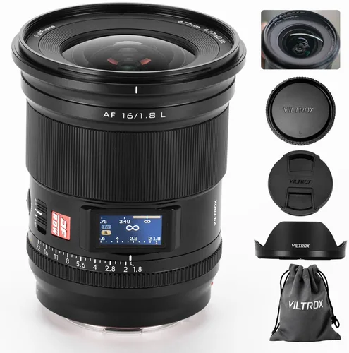 VILTROX Lente de marco completo F1.8 de 0.630 in con montura en L, gran apertura, lente de enfoque automático ultra gran angular, pantalla LCD