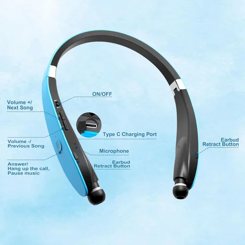 Miniatura 2 de Auriculares Bluetooth con banda para el cuello, auriculares inalámbricos ligeros plegables con auriculares retráctiles, cancelación de ruido, Azul