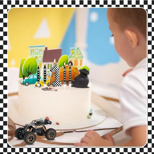 Miniatura 5 de 13 piezas de velas temáticas de coches de carreras para cumpleaños en negro y blanco con número de carrera 1 a cuadros, velas para tarta de coche