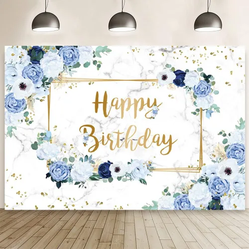 MEHOFOND Telón de fondo de feliz cumpleaños de 7 x 5 pies, flores azules y blancas, fondo de fotografía de cumpleaños para niñas, puntos geométricos