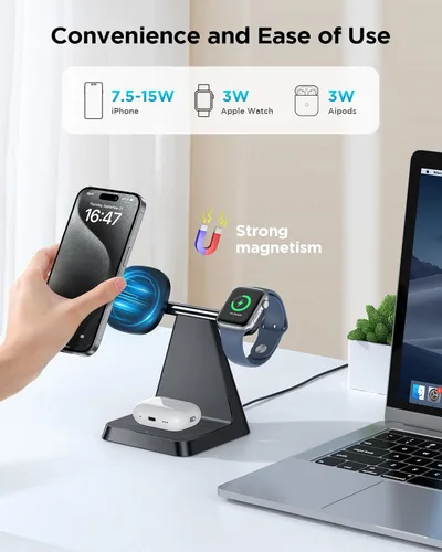 Miniatura 3 de Estación de carga para múltiples dispositivos Apple: Woruda 3 en 1 Soporte de cargador inalámbrico magnético para iPhone Mag Safe - Base de carga