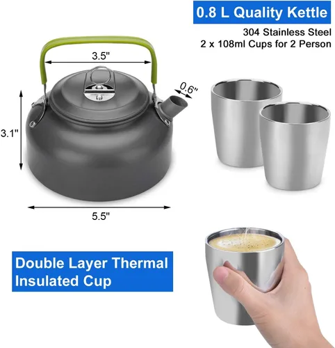 Miniatura 5 de Odoland Kit de utensilios de cocina para camping, olla ligera con 2 tazas, kit de cuchara de tenedor de acero inoxidable, gris para mochileros