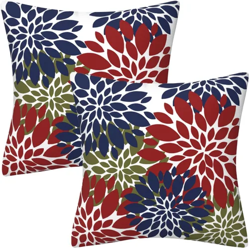 Miniatura 25 de Juego de 2 fundas de almohada decorativas de dalia azul marino, rojo, gris, dalia floral, para interiores y exteriores, funda de almohada