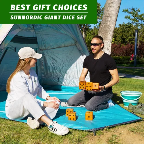 Miniatura 7 de SunNordic Juego de 6 dados gigantes de madera para patio, juego de Yardzee para césped al aire libre Jumbo con cubo y tarjeta de puntuación Farkle