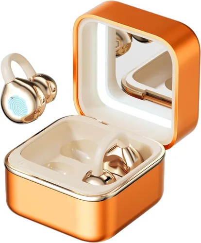 Auriculares con clip de oreja abierta, auriculares inalámbricos Bluetooth 6.0 con espejo de maquillaje, luz LED, tiempo de reproducción de 50 horas,