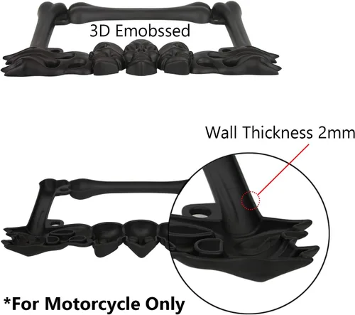 Miniatura 3 de LPF260-BK - Marco de matrícula de motocicleta con acabado negro mate con diseño de llamas y huesos de calavera 3D