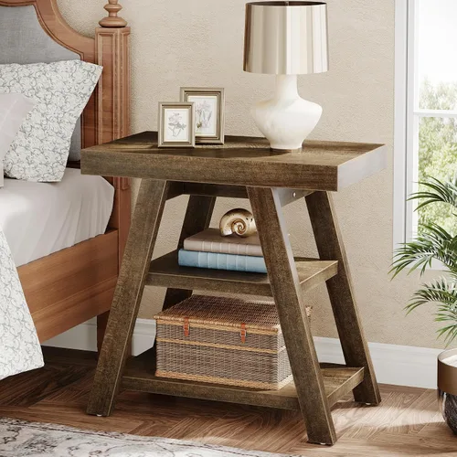 Miniatura 4 de Tribesigns Mesa auxiliar de granja, mesa auxiliar de madera de 3 niveles con patas trapezoidales, mesa auxiliar rústica para sofá, mesita de noche