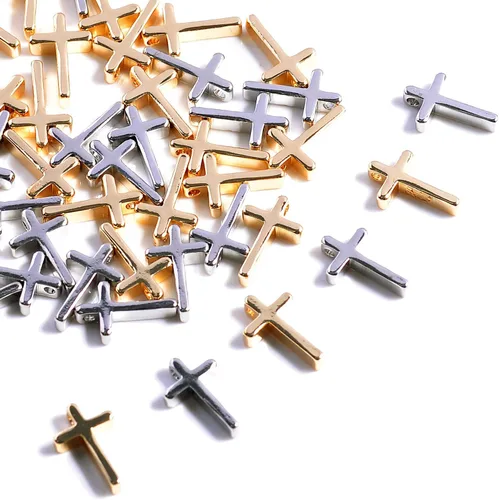40 dijes pequeños de cruz de acero inoxidable, sin deslustre para hacer joyas, chapados en plata y oro