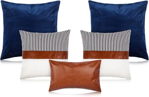 Tradder Juego de 5 fundas de almohada decorativas de 20 x 20 pulgadas, 18 x 18 pulgadas, 12 x 20 pulgadas, modernas, de piel sintética y lino a