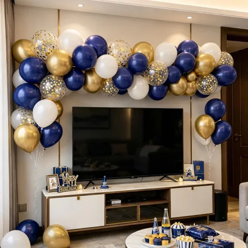 Miniatura 6 de Globos azul marino y dorados, 50 piezas de globos de confeti azul marino perla doble relleno blanco arena metálico cromado dorado de 12 pulgadas