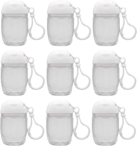 10 botellas vacías transparentes de 1 onza y 1.0 fl oz para desinfectante de manos, soporte de viaje, gancho para llavero, tapa abatible blanca,