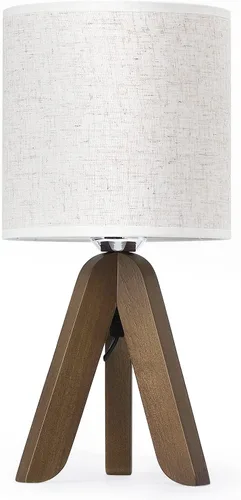 Miniatura 2 de HAITRAL Lámpara de Mesa de Trípode de Madera con Base Marrón, Pequeña Lámpara de Mesa Lámpara de Mesita de Noche con Pantalla de Tela de Lino