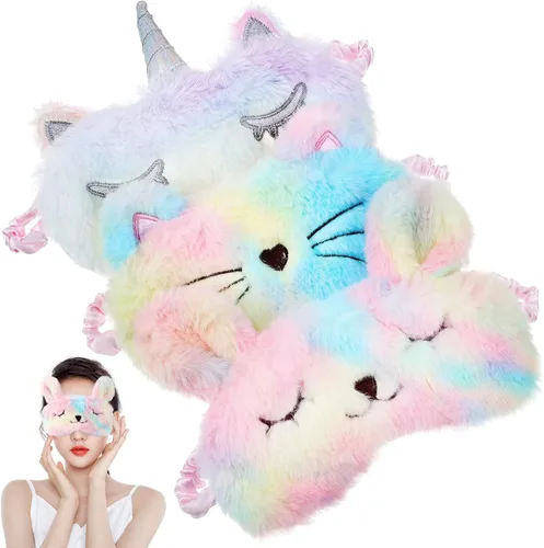 Healifty 3 piezas de felpa para dormir, ojos de conejo, gato, mullido y peludo, cubierta de sueño de unicornio para dormir, sombra de ojos suave y