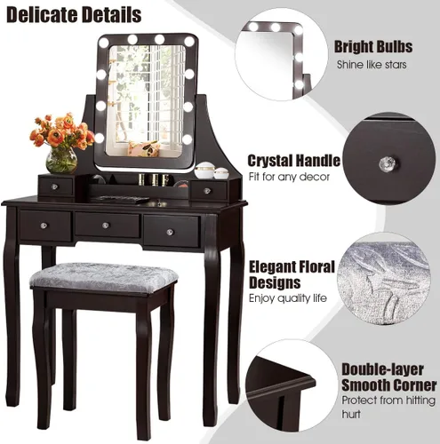 Miniatura 8 de DORTALA Juego de mesa de tocador con espejo rectangular de 360 grados y taburete acolchado, mesa de maquillaje con 10 bombillas LED regulables