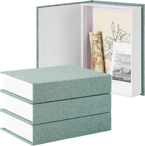 Miniatura 17 de Tioncy Caja de libros falsos de lino neutro, 3 piezas, decoración de imitación para decoración del hogar, estantes, mesa, tarjetas, fotos, regalo