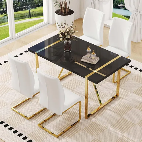 Miniatura 20 de Juego de mesa de comedor negra para 4, parte superior negra brillante de 55 pulgadas con patas de metal dorado, juego de mesa de comedor moderno