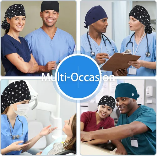 Miniatura 7 de QBA Gorra de trabajo ajustable con botón, gorro forrado de satén, gorro de trabajo de algodón, banda elástica para atar en la espalda, unisex Pt
