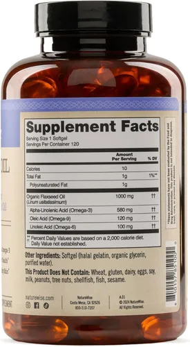 Miniatura 11 de NatureWise Aceite de linaza de 1000 mg, Omega 3 sin pescado con 580 mg de ALA, suplemento Omega 3 6 9 a base de plantas, orgánico, prensado en frío