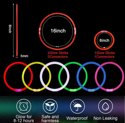 Miniatura 2 de 300 pulseras y collares rojos que brillan en la oscuridad a granel con conectores de 8 pulgadas de neón iluminados para fiestas de neón para el 4