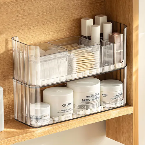 Miniatura 14 de PAVSTINE Organizador de botiquín con divisores ajustables, compartimento de almacenamiento abierto transparente, soporte para brochas de maquillaje