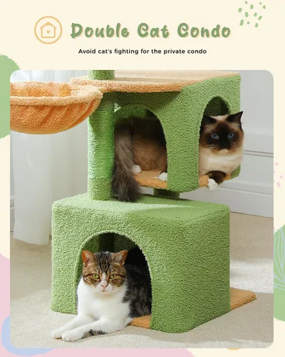 Miniatura 2 de PEQULTI Árbol de gato de 43 pulgadas para gatos de interior, árbol de escalada con postes rascadores para gatos, 2 condominios grandes y hamaca