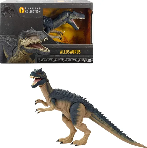 Mattel Jurassic World Hammond Collection - Figura de acción de dinosaurio Allosaurus, diseño de película premium, ojos de cristal y cola con