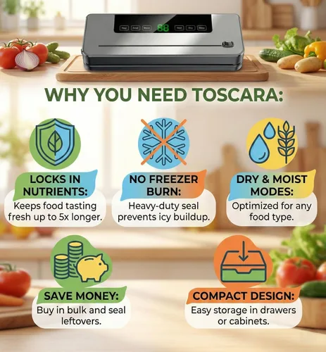 Miniatura 8 de Máquina selladora al vacío TOSCARA Máquina automática de sellado de alimentos con sello hermético fuerte, operación de un solo toque, diseño